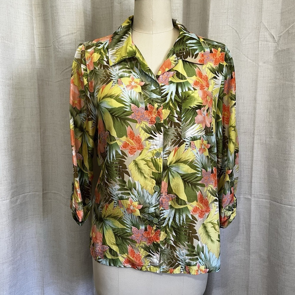 Hawaiian Tropic Hawaiian Shirt Women Large Green Floral All Over Print 100% Silk